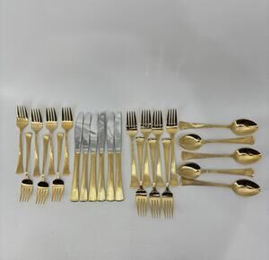 Golden Barclay Gold Tone Flatware 25 Pcs Hollywood Regency Fork Spoon